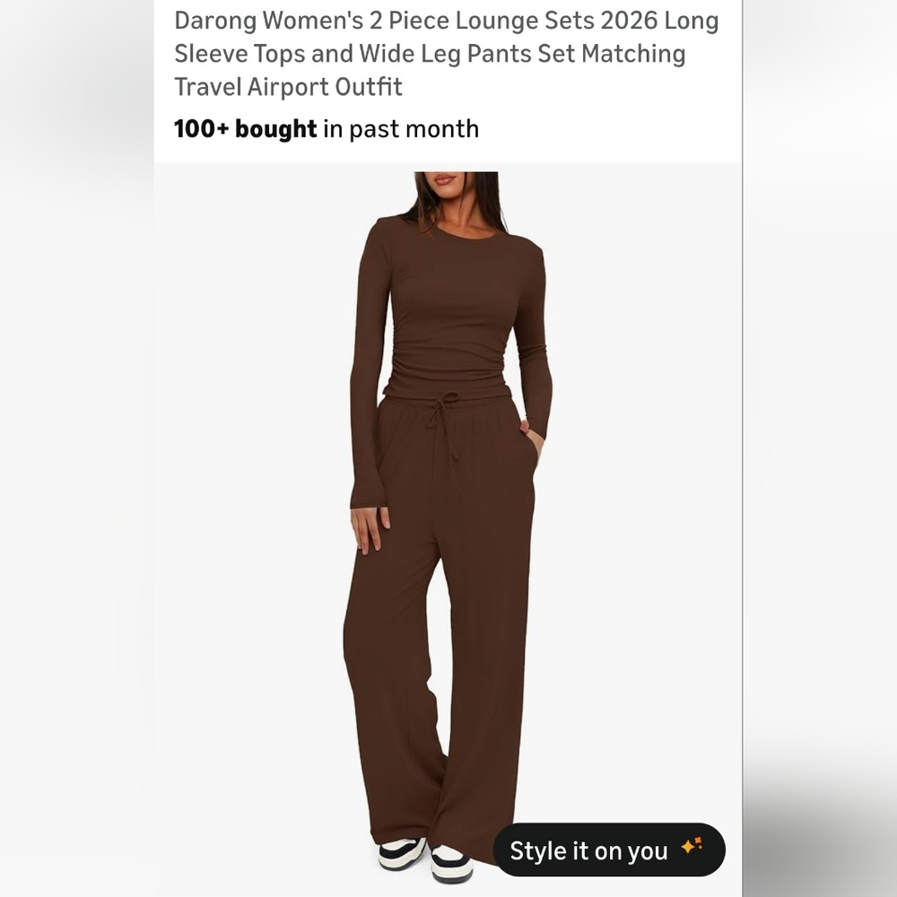 Women's Brown Two-Piece Lounge Set - Long Sleeve Top & Wide Leg Pants. W-65
